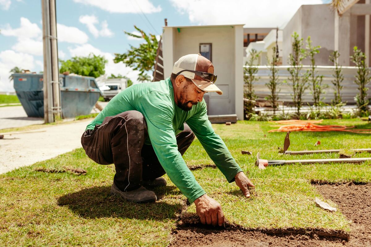 Landscaping worker laying sod in a yard