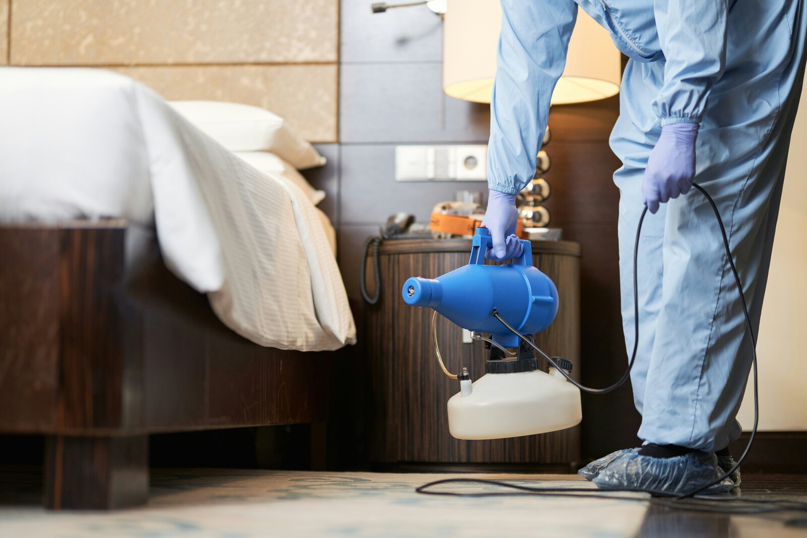 Pest control worker using treatment equipment in a bedroom