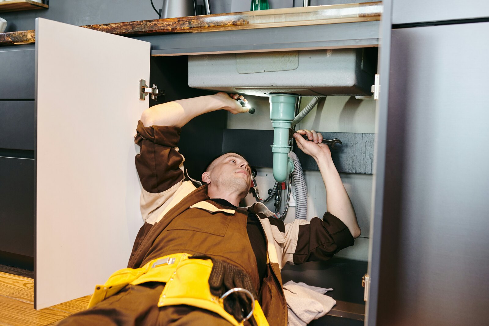 Plumber working on pipes beneath a kitchen sink